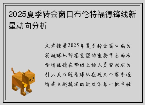 2025夏季转会窗口布伦特福德锋线新星动向分析
